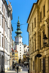 Fototapeta na wymiar The street leading to Michael's gate in Bratislava, Slovakia