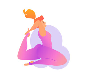 Plus size curvy lady doing yoga class. Vector illustration isolated on white. Online home workout concept. Body positive. Attractive overweight woman. Kapotasana or Pigeon Pose