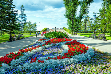 Public park decorated with colorful flowerbeds in the Eastern Siberian city of Irkutsk, Russia