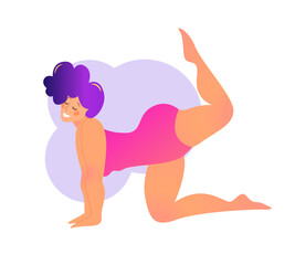 Plus size curvy lady doing yoga class. Vector illustration isolated on white. Online home workout concept. Bodypositive. Attractive overweight woman. Vyaghrasana or Tiger Pose