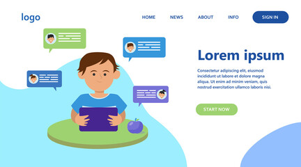 Little boy sitting at table and chatting with friends. Tablet, apple, desk flat vector illustration. Friendship and childhood concept for banner, website design or landing web page