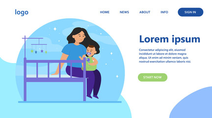 New mom holding and soothing baby. Crib, toddler, playing with child flat vector illustration. Childhood, childcare, parenthood concept for banner, website design or landing web page