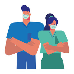 professional doctors couple wearing medical masks