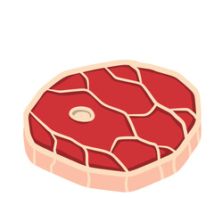 Piece of raw meat. Fresh red food with streaks and fat. Element of kitchen, grill, BBQ, steak and delicious meal. Cartoon illustration. Cut off half beef piece