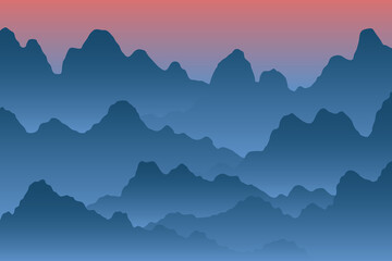 Obraz premium Vector mountain background. Beautiful landscape of morning mountains in fog.