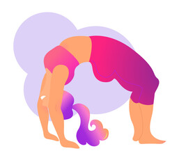Plus size curvy lady doing yoga class. Vector illustration isolated on white. Online home workout concept. Body positive. Attractive overweight woman. Urdhva Dhanurasana, Upward Bow or Wheel Pose.