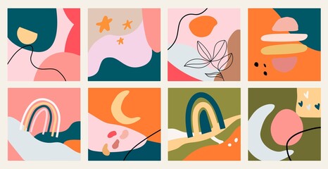 Big Set of eight abstract backgrounds and Pastel colors. Hand drawn various shapes and doodle objects. Vector illustrations.