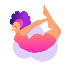 Plus size curvy lady doing yoga class. Vector illustration isolated on white. Online home workout concept. Bodypositive. Attractive overweight woman. Dhanurasana or Bow Pose.