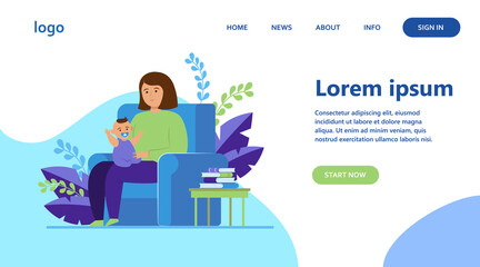 Naklejka na ściany i meble Mother sitting in armchair and holding little baby. Kid, infant, toddler flat vector illustration. Family and parenting concept for banner, website design or landing web page