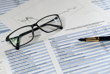 Showing business report and financial statement. Accounting management and analysis market and portfolio