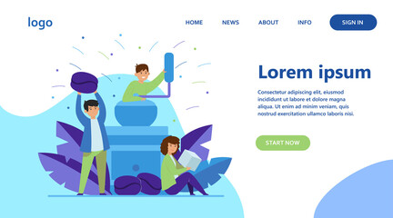 Tiny people and big coffee grinder. Bean, drink, sugar flat vector illustration. Hot beverages and coffee break concept for banner, website design or landing web page