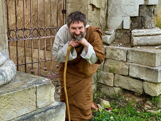 Actor in the guise of an ancient Greek philosopher on the set.