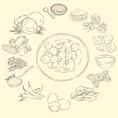 Boh Puniaram Illustration & Ingredients, Food From Aceh Indonesia, Sketch Style
