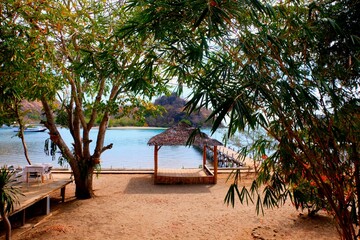 A hut between trees on the beach, looking beautiful for relaxation