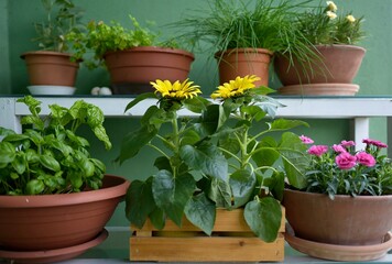sunflower flowers in a pot on the balcony with herbs