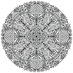 mandala with flowers and leaves drawn in folk style on a white background for coloring, vector