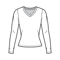 V-neck jersey sweater technical fashion illustration with long sleeves, close-fitting shape. Flat outwear apparel template front, white color. Women men, unisex shirt top CAD mockup