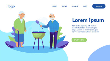 Senior couple cooking BBQ meat in garden. Old man with cane and spatula grilling steaks flat vector illustration. Leisure, summer, food concept for banner, website design or landing web page