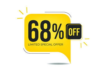 68% off limited special offer. Banner with sixty-eight percent discount on a yellow balloon.