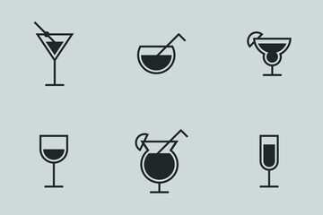 simple vector icon set of six cocktails in black and white