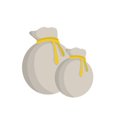 Old wallet for money. Small bag with a rope. Element of the village and of the middle ages. Storage of cash and coins. Grey purse and sack. Cartoon flat illustration