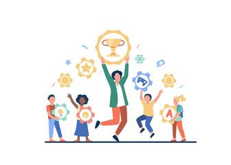 People winning different prizes. Team of winners celebrating achievements, holding gold cup and medals. Vector illustration for trophy, award, success concepts