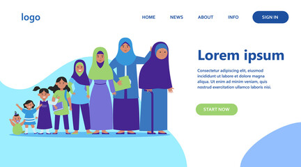 Muslim woman in different age. Adult, child, grandma flat vector illustration. Growth cycle and generation concept for banner, website design or landing web page