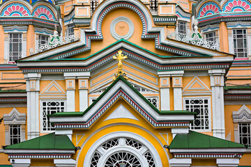 Details from the decoration of the facade of Zenkov Cathedral in Almaty, Kazakhstan