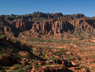 Prehistoric cliffs in Sierra de las Quijadas National Park. Arid desert landscape. Red sandstone, hills, canyon and valley view. 