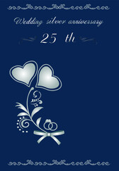 Silver wedding anniversary. Wedding elements with hearts and rings on a blue background.Text with congratulations. Complimentary ticket. Convenient for printing
