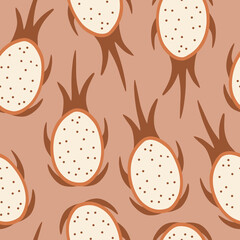 Hand drawn dragon fruit, seamless pattern for textile, fabric design. Contemporary art in pastel colors. Vector isolated illustration in flat cartoon style, on background. 