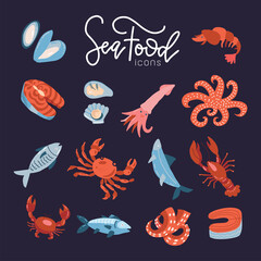 Seafood fish menu restaurant icons set with crab shrimps shell isolated flat vector illustration.