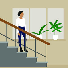 Female character stands on the stairs against the background of a window with plants