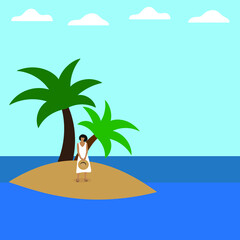 
A female character in a white dress and with a hat in her hands is standing on the island
