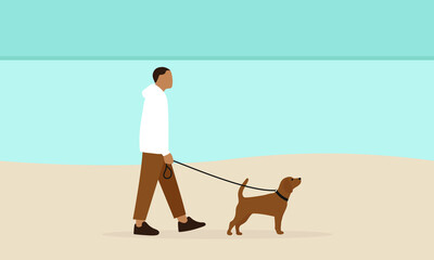 Male character walks a dog along the beach