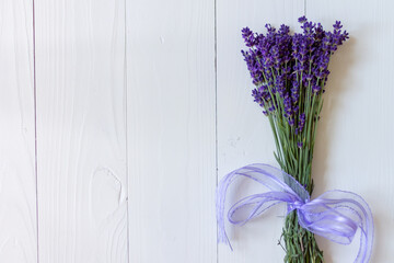 Lavender bunch isolated on white background, flat lay, top view, place for text