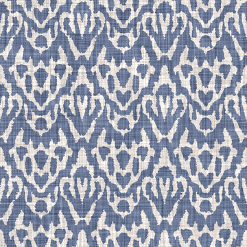 Seamless french farmhouse linen geometric block print background. Provence blue gray rustic pattern texture. Shabby chic style old woven flax textile all over print.