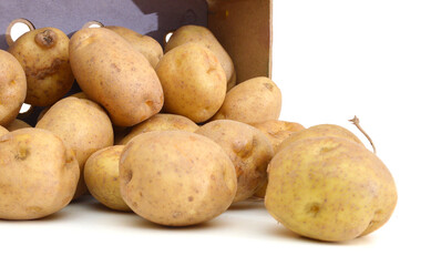 bunch of freshly harvested potatoes in a wooden crate