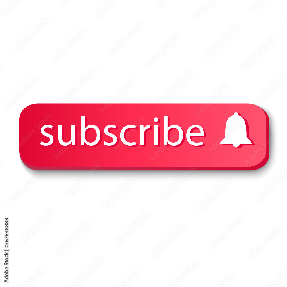 Poster red button template with text and bell. subscribe to a channel or social media account. vector illus