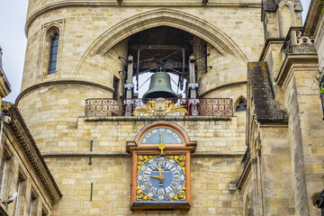 Fragment of Bordeaux Cailhau gate (Porte Cailhau, 1494) - medieval gate at Place du Palais. Gate built in Gothic Style and celebrates victory at Fornovo. Bordeaux, Gironde, Aquitaine, France.