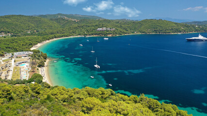 Aerial drone photo of beautiful popular organised sandy bay, turquoise beach and natural preserve...