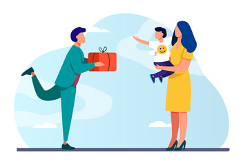 Young father giving present to wife with child. Gift, box, boy flat vector illustration. Family and birthday concept for banner, website design or landing web page