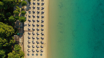 Aerial drone photo of beautiful popular organised sandy bay, turquoise beach and natural preserve...