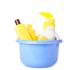 Set of cleaning supplies on white background