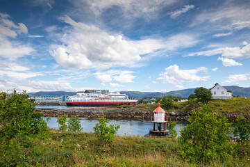 Norwegian coast passenger ships arrive at Bronnoysund in northern Norway