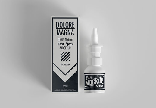 Medical Packaging Mockup with Nasal Spray Bottle and Cardboard Box