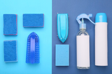Set of cleaning supplies on color background