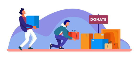 Naklejka premium Volunteers donating stuff in boxes for poor people. Service, homeless, kindness flat vector illustration. Charity and care concept for banner, website design or landing web page