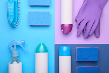 Set of cleaning supplies on color background