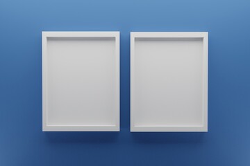 front view of two empty frames on classic blue wall, minimal design concept, 3D render image